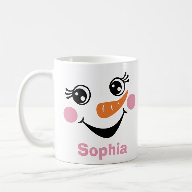 Caneca De Café Snowman rosa personalizado, com nome personalizado (Esquerda)