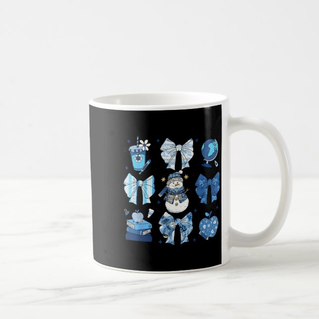 Caneca De Café Snowman Teacher Winter Bows Clroom Cute Blue Aesth (Direita)