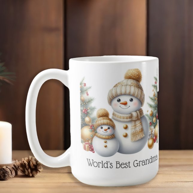 Caneca De Café Snowman World's Best Avó Dourado Natal Verde (Snowman "World's Best Grandma" mug)
