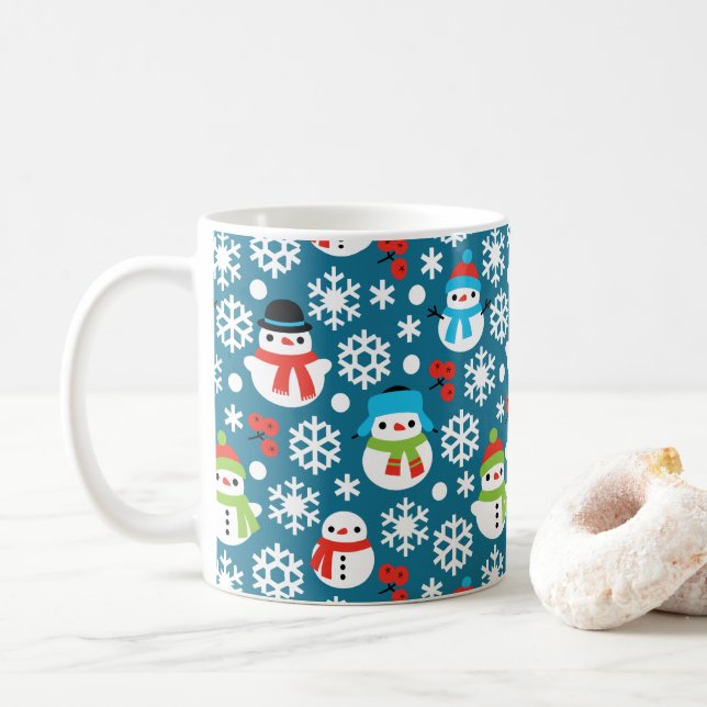 Caneca De Café Snowmans e Snowflakes Padrões sem costura (Com Donut)