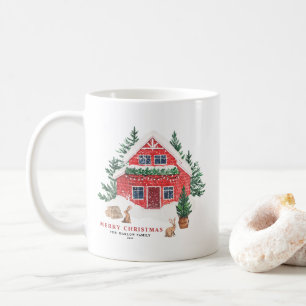 Caneca De Café Snowy Watercolor Red Cottage Natal
