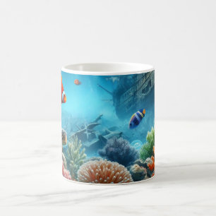 Caneca De Café Sob o mar, tartaruga, coral, navio, palhaço
