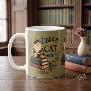 Caneca De Café Sociedade de Gatos de Biblioteca Calico Verde Lite