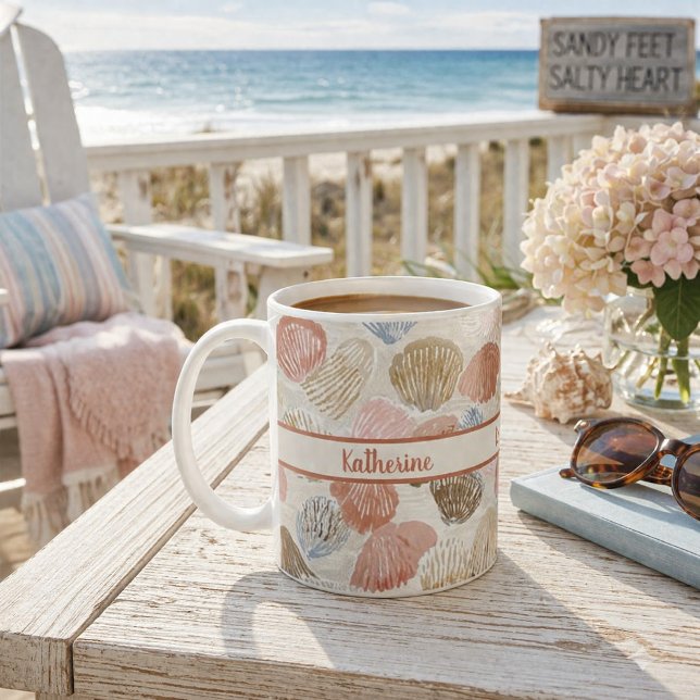 Caneca De Café Soft Coastal Seashell Beach Pattern (Criador carregado)