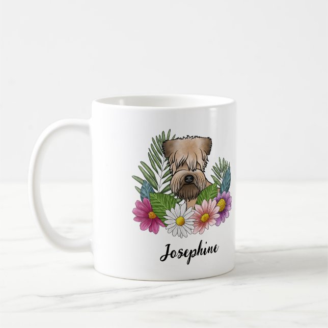 Caneca De Café Soft-Coated Wheaten Terrier Com Flores E Nome (Esquerda)