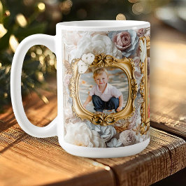 Caneca De Café Soft Gold Baroque Floral Photo Frames Collage