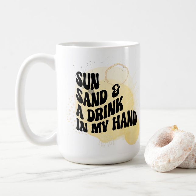 Caneca De Café Sol, Areia e Beba na Mão (Com Donut)