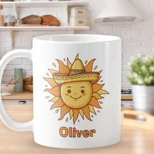 Caneca De Café Sol Sorridente com Sombrero - Doodle de Festa Enso