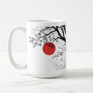 Caneca De Café Sol Vermelho Japonês e Arte de Árvore com Pincel