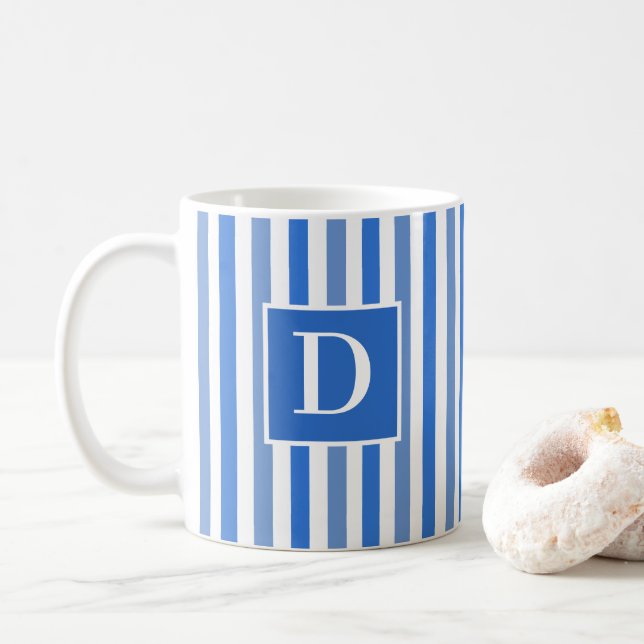 Caneca De Café Solteiro brilhante azul e branco com risca inicial (Com Donut)