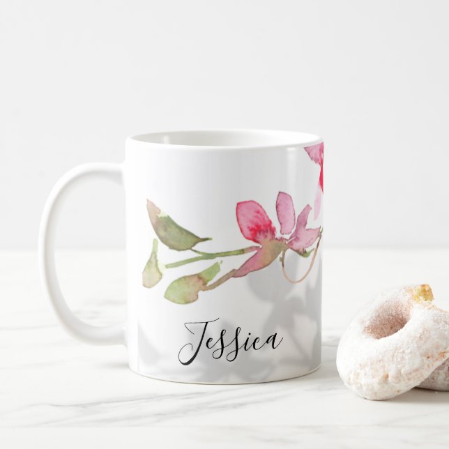 Caneca De Café Sombra Floral Orquídea Rosa Tropical Personalizada (Com Donut)