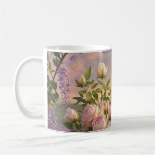 Caneca De Café Sonhadora, cena de foco suave de uma lavanda, Flor