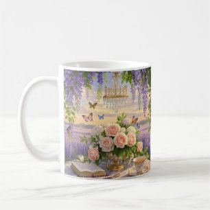 Caneca De Café Sonhadora, cena de foco suave de uma lavanda, Flor