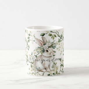 Caneca De Café Sonhos de Coelho Branco Flores Folhas