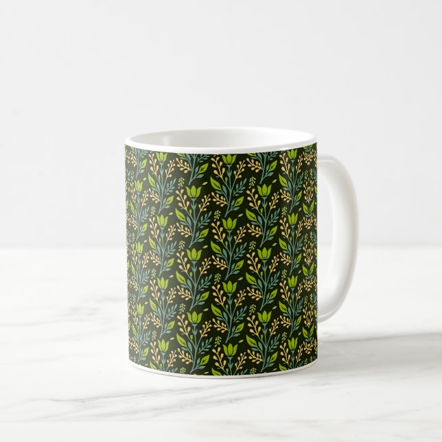 Caneca De Café Sophisticated blue & beige floral pattern design  (Frente Esquerda)