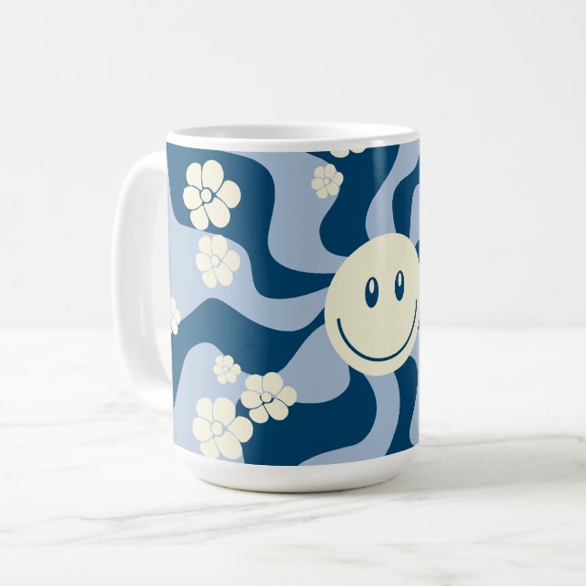 Caneca De Café Sorria - Azul Escuro, Azul Claro e Creme (Frente Esquerda)