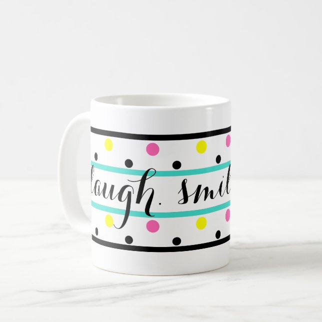 Caneca De Café Sorria Citando Bolinhas Amarelas Turquoise Amarela (Frente Esquerda)