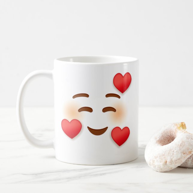 Caneca De Café Sorria Emoji Com Corações (Com Donut)