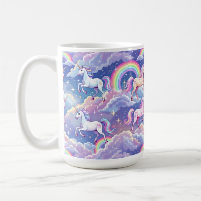 Caneca De Café Sparkly rainbow and unicorns on clouds (Esquerda)