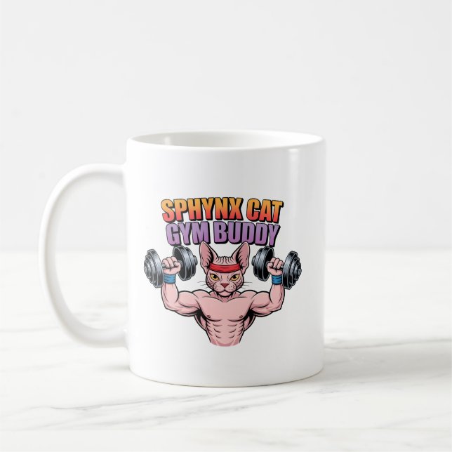 Caneca De Café Sphynx Cat Gym Buddy Muscular Cartoon (Esquerda)