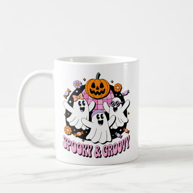 Caneca De Café Spooky E Groovy Disco Fantasmas Retro Halloween (Esquerda)
