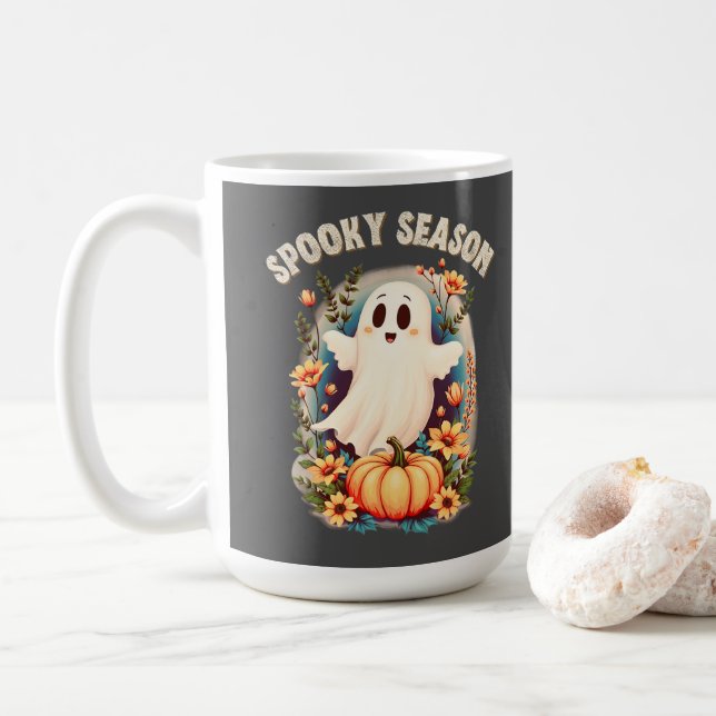 Caneca De Café Spooky Season Cute Ghost Floral Retro (Com Donut)