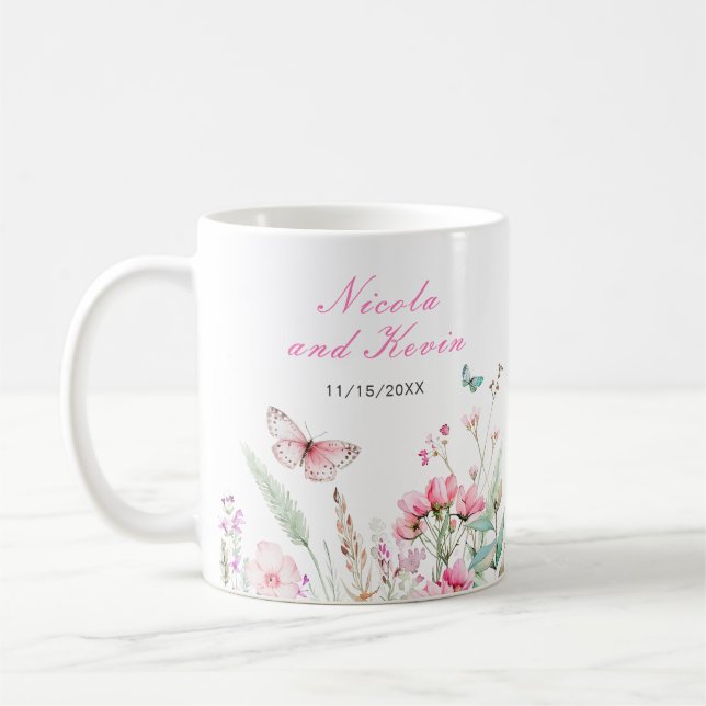 Caneca De Café Spring Pink Butterfly Floral Wedding (Esquerda)