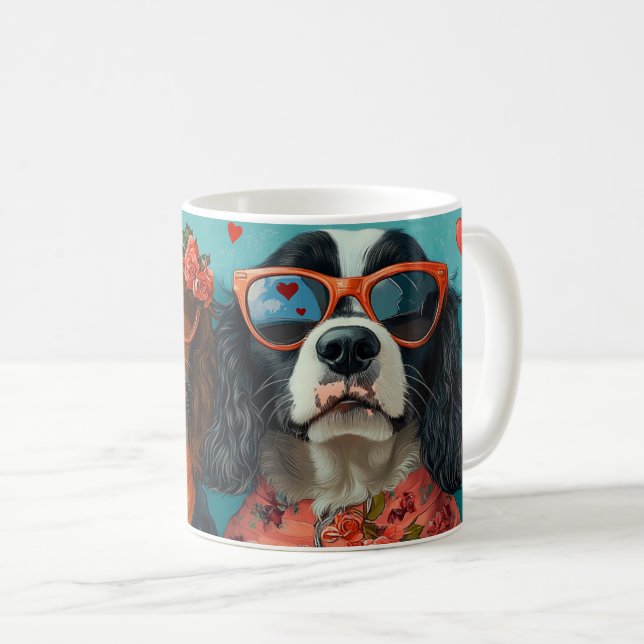 Caneca De Café Springer Spaniel com Corações Rosas Dia dos Namora (Frente Esquerda)