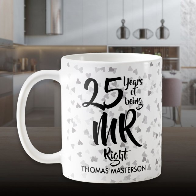 Caneca De Café Sr. 25 do Aniversário Certo, Silver Hearts Confett (Mr Right 25th Anniversary Silver Hearts Confetti Coffee Mug)