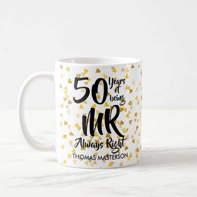 Caneca De Café Sr. Sempre Divertido 50º Aniversário Dourado Coraç (Esquerda)