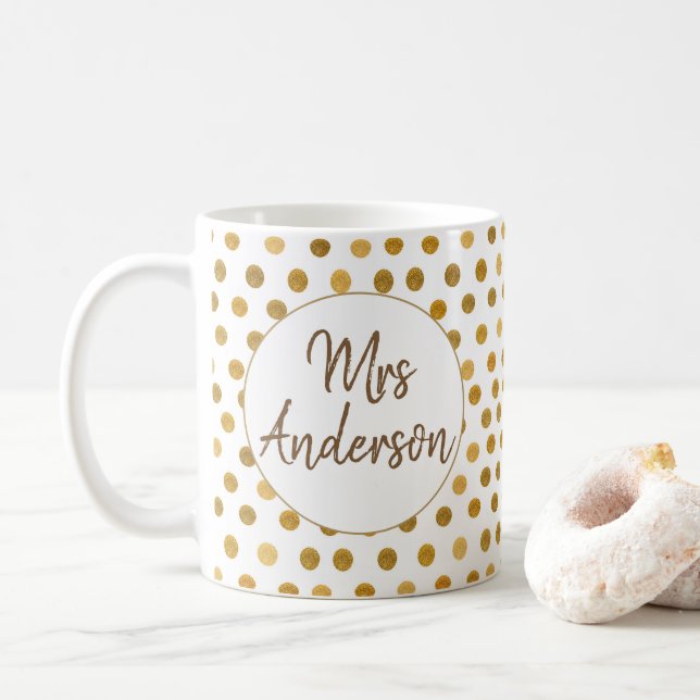 Caneca De Café Sra., Bolinhas Douradas, personalizadas (Com Donut)