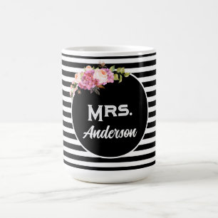 Caneca De Café Sra. Surname Sobrenome Black White Stripes Flowers