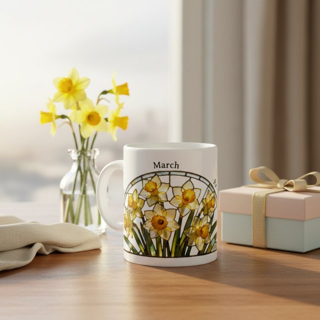 Caneca De Café Stained Glass Birth Flower March Daffodil Name (Criador carregado)