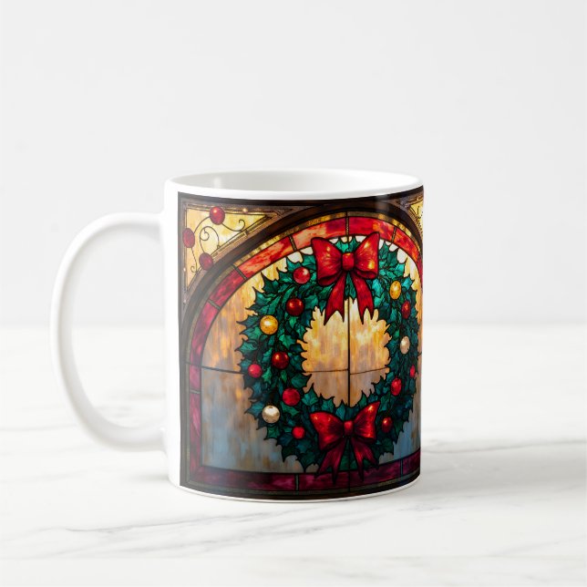 Caneca De Café Stained Glass Style Wreath Happy Christmas to All (Esquerda)