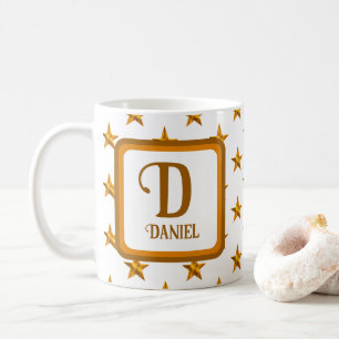 Caneca De Café Star Monograma Nome Dourado Laranja Inicial