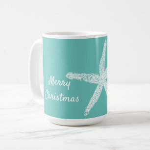 Caneca De Café Starfish Padrões Teal White Beach Feliz Natal