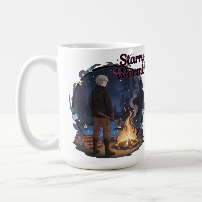 Caneca De Café Starry Warmth - Lumberjack Anime Boy by Campfire (Esquerda)