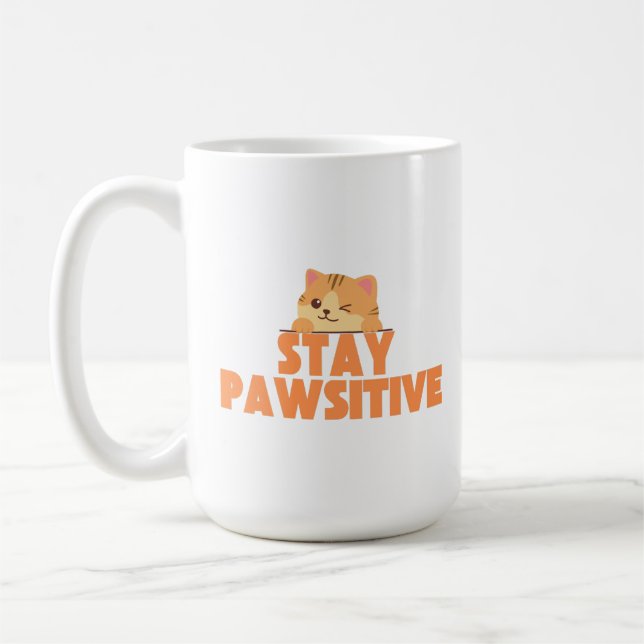 Caneca De Café Stay Pawsitive Cute Winking Cat Pun Design (Esquerda)