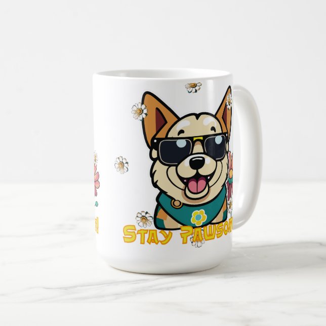 Caneca De Café Stay Pawsome Corgi: Fun & Floral Dog Design (Frente Esquerda)