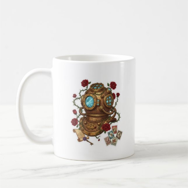 Caneca De Café Steampunk Deep Sea Diver Helmet Fantasy Illustrati (Esquerda)