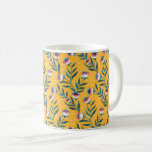 Caneca De Café Stylish Floral Motif with Dots and Green Leaves<br><div class="desc">Floral pattern on a yellow background with white dots. Features stylized red,  white,  and blue flowers and green leaves,  creating a lively,  vibrant feel.</div>