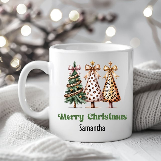 Caneca De Café Stylish Leopard Christmas Trees Custom Name Mug (Stylish Leopard Christmas Trees Custom Name Mug)