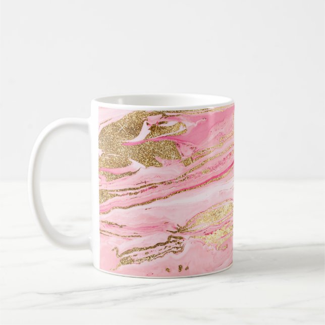 Caneca De Café Stylish Pink Gold Abstract Marble Liquid Paint (Esquerda)
