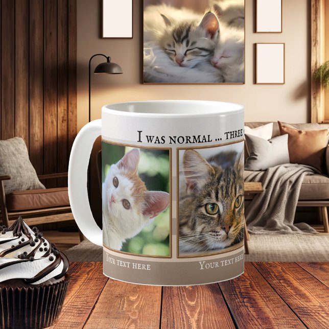 Caneca De Café Suas 3 Fotos Engraçadas De Gato Beige Ivory Strike (Funny cat mug featuring your photos framed by a beige ivory striped design with golden lining)