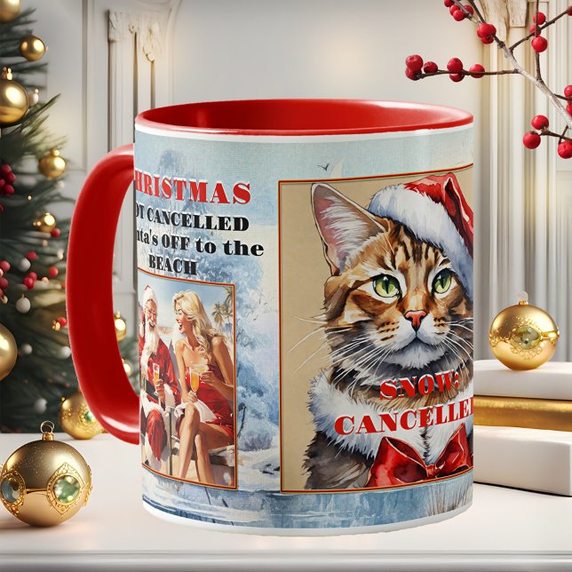 Caneca De Café Suas Fotos Engraçado Natal De Gato Cancelado (Funny watercolor Santa off to the beach Christmas mug - or add your own photos!)