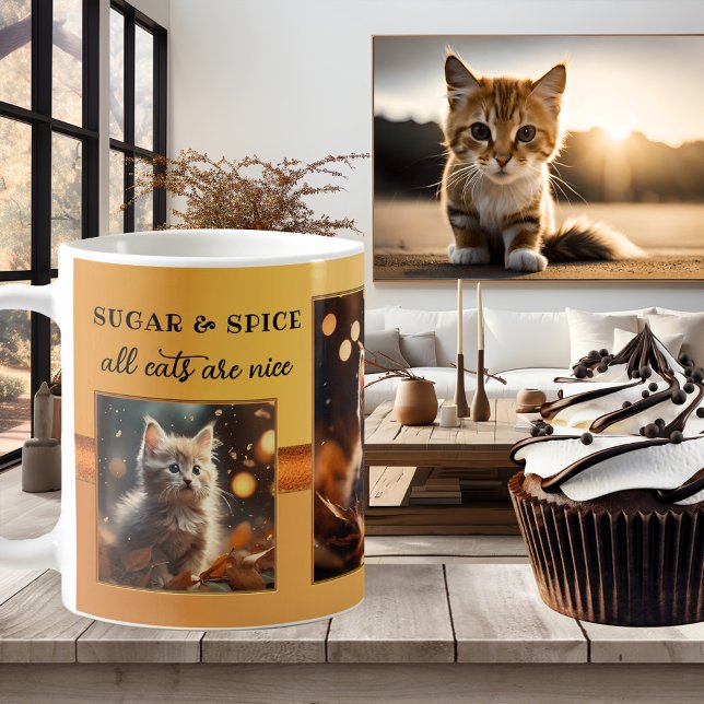 Caneca De Café Suas Fotos, Gato Engraçado Cai (Mug featuring photos of your own cats (optional) framed by a simple design in warm fall colors)