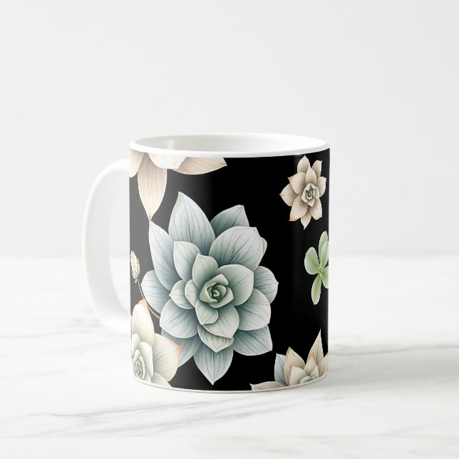 Caneca De Café Suculenta Roseta Mal-humorada Preta Luxo Botânico  (Frente Esquerda)