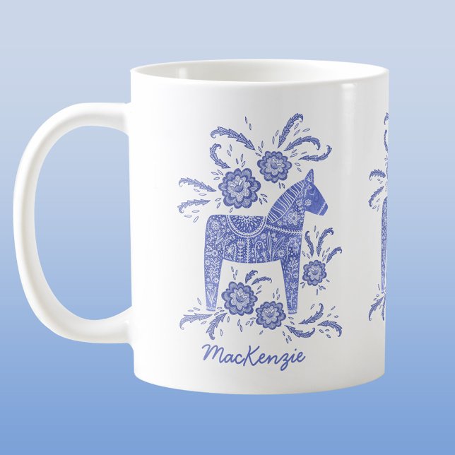 Caneca De Café sueco Dala Horse Blue Personalizado (Swedish Dala horse blue and white personalized custom name coffee mug)