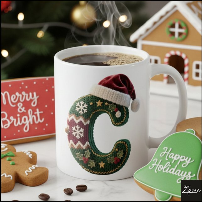 Caneca De Café Suéter de Tricô de Natal com Letra C e Chapéu de P (Criador carregado)