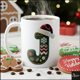 Caneca De Café Suéter de Tricô de Natal com Letra J e Chapéu de P